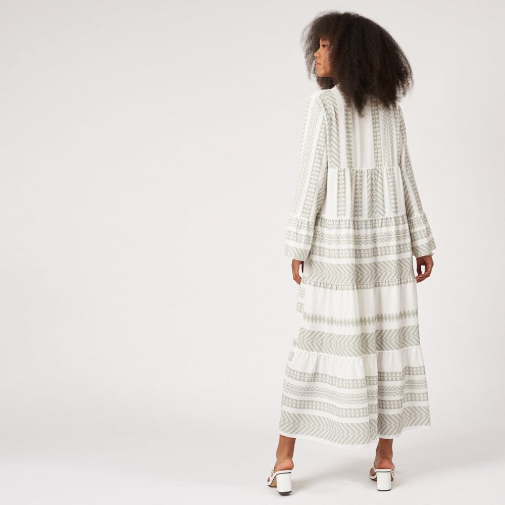 Silk & Salt Summer of Love Sage Green & White Maxi Dress, Long Sleeve, V-Neck - Picture 4 of 9